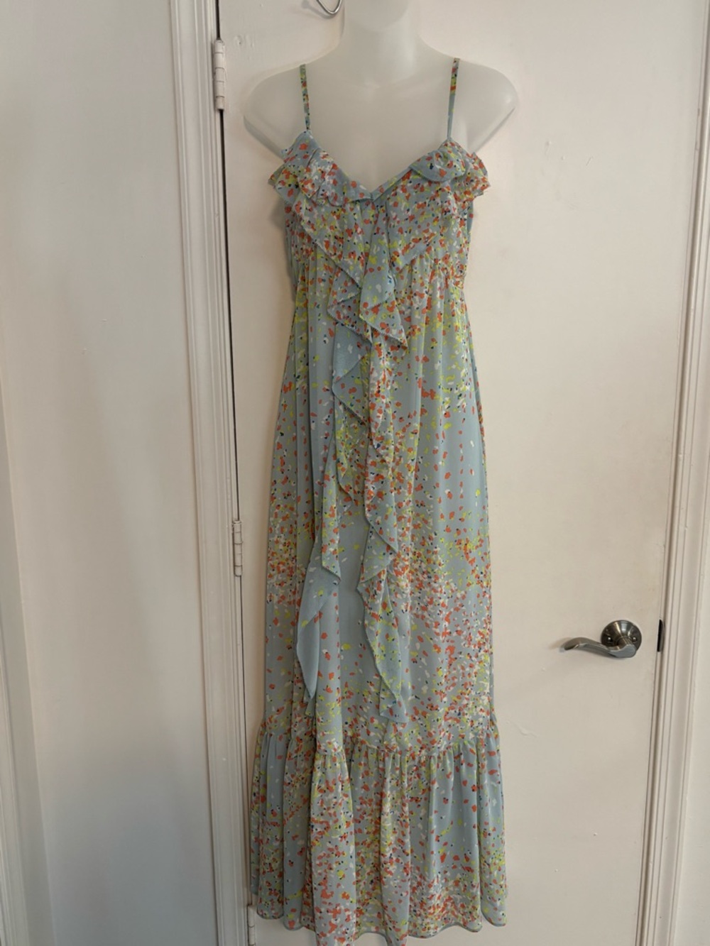 Light Blue with Print Ruffle Maxi Dress with Spaghetti Straps